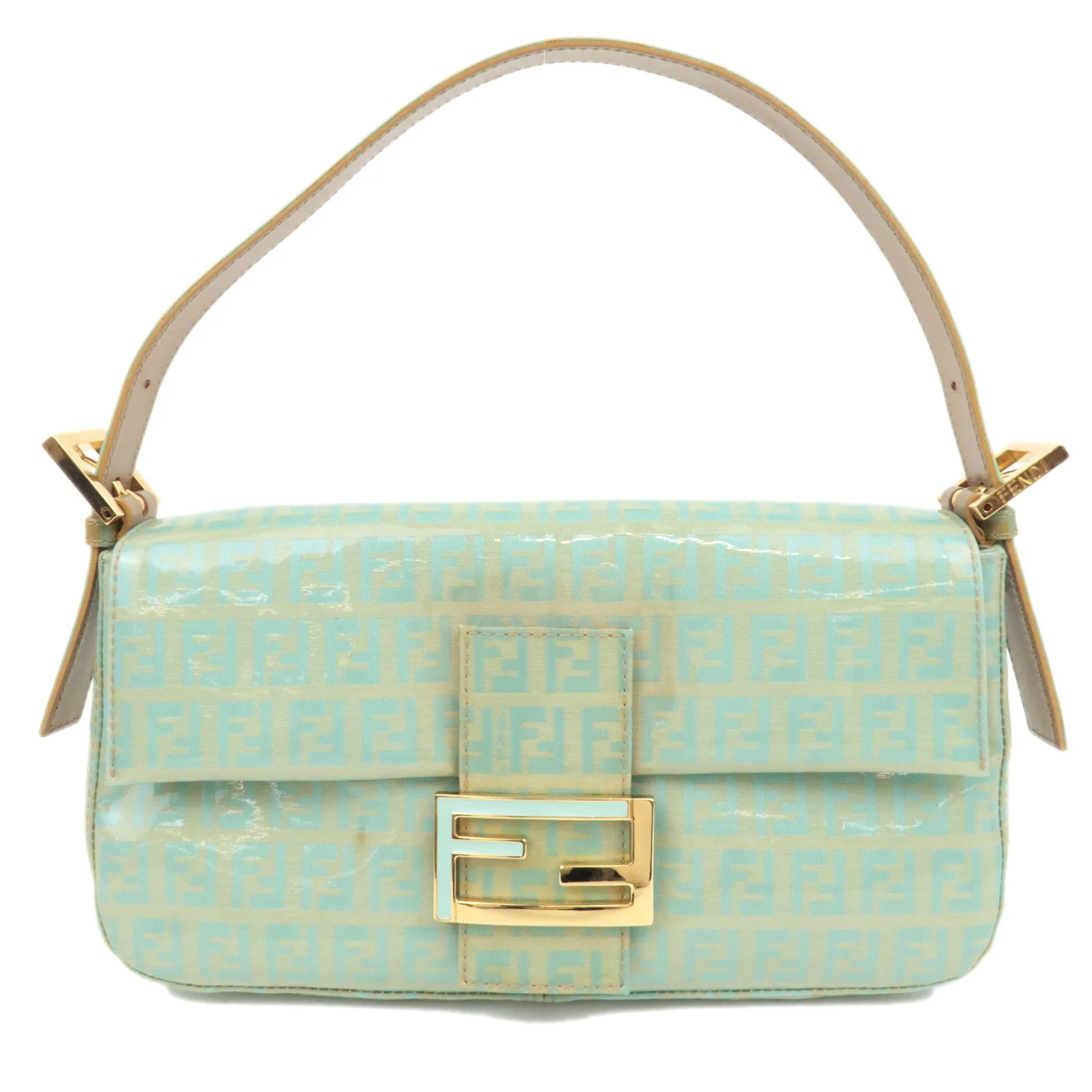 FENDI Zucchino Mamma Baguette Vinyl Leather Shoulder Bag Light Blue 26424 Auth