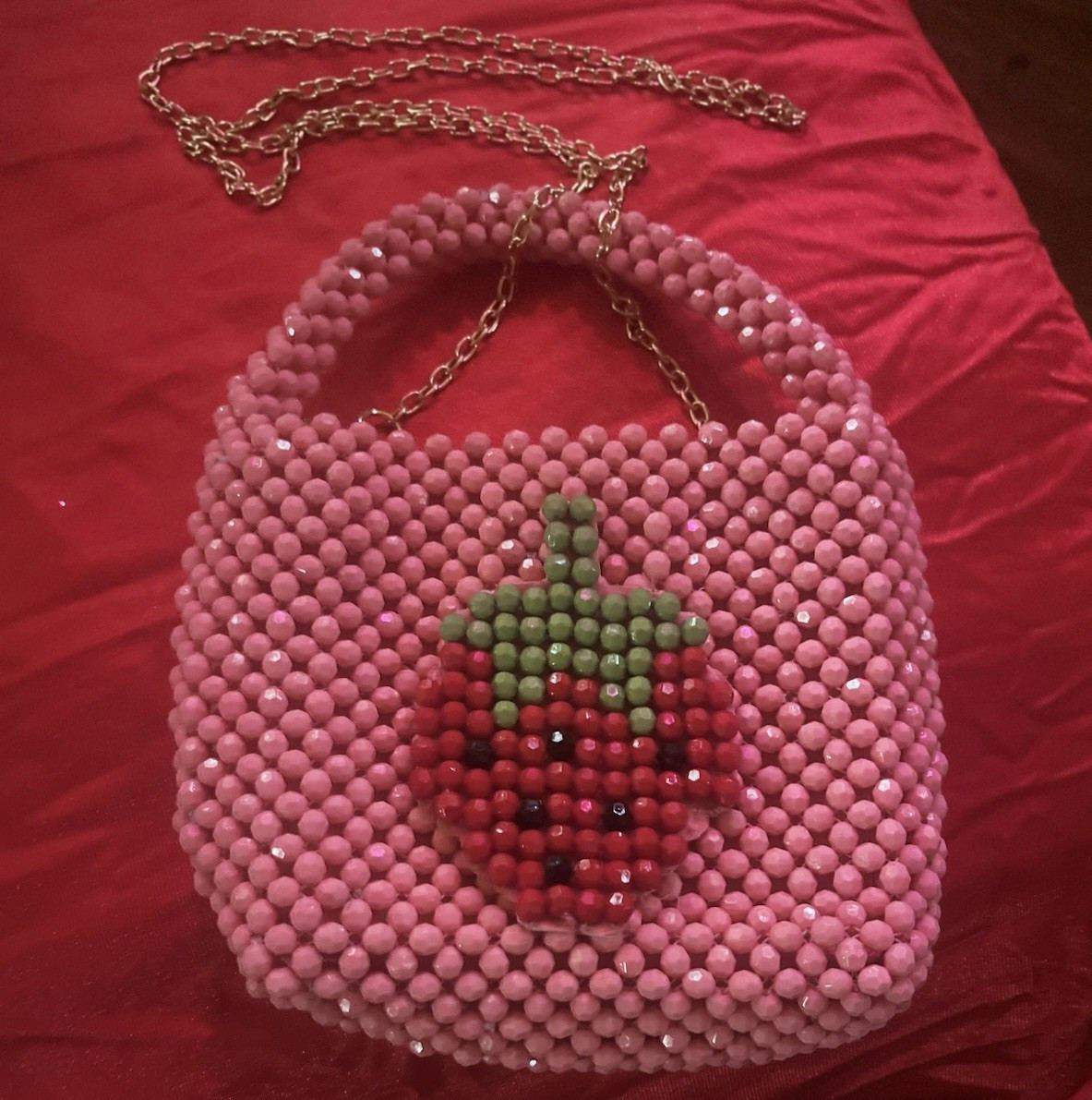 Pink Beaded Strawberry Top Handle Bag Small Detachable Strap Gold Chain
