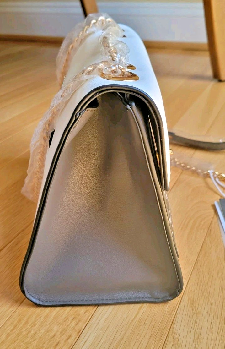 NEW w/Tags -Micussi Hand or Shoulder Bag- Gray, Ivory & Black w/Gold Chain Strap