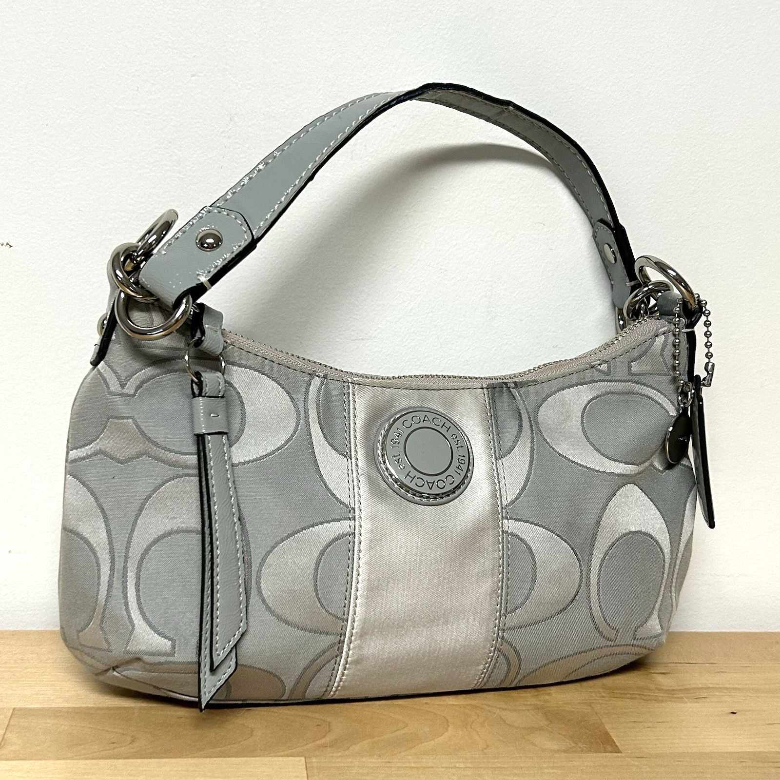 Coach Signature Sis Stripe Demi Hobo Bag Silver Metallic Sateen Vtg 2012 Hipster