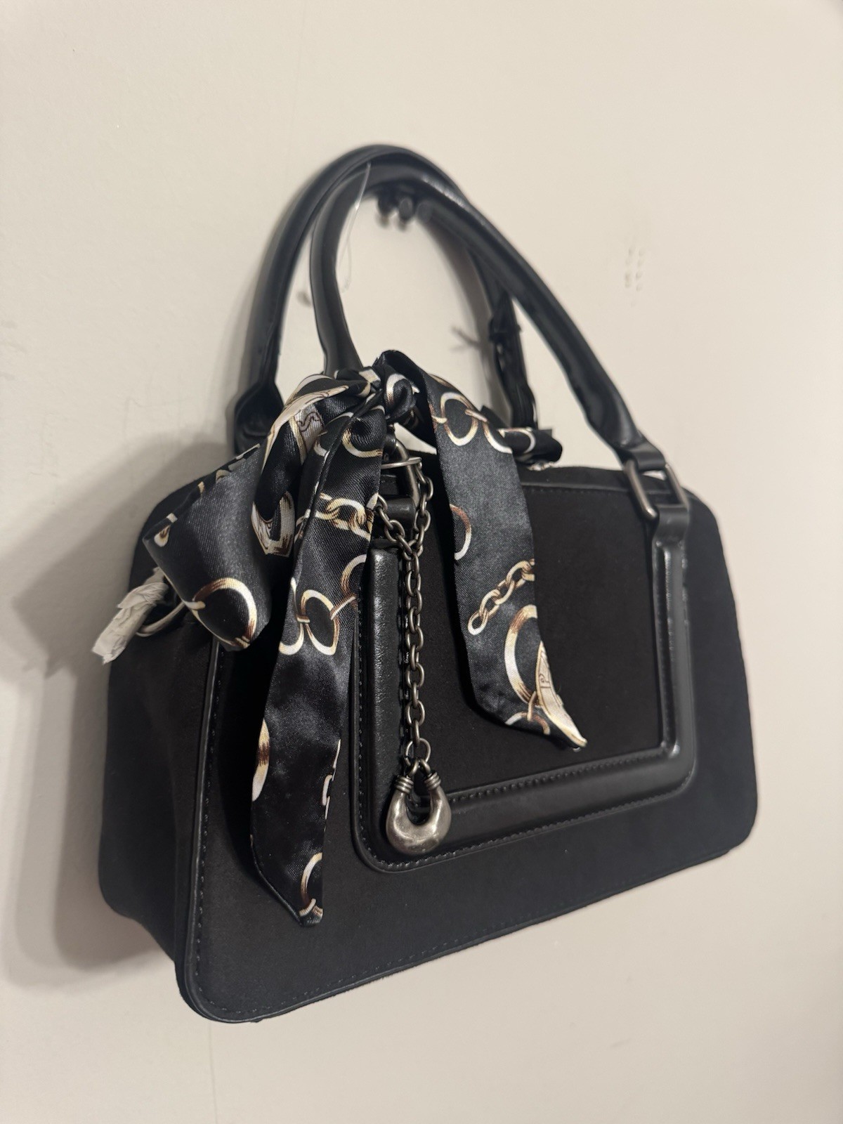 Elegant Black Handbag with Scarf Accent