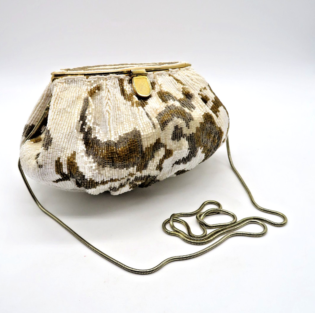 1980s Beaded Satin Evening Bag by Studio 18 for La Regale Cream & brown beads