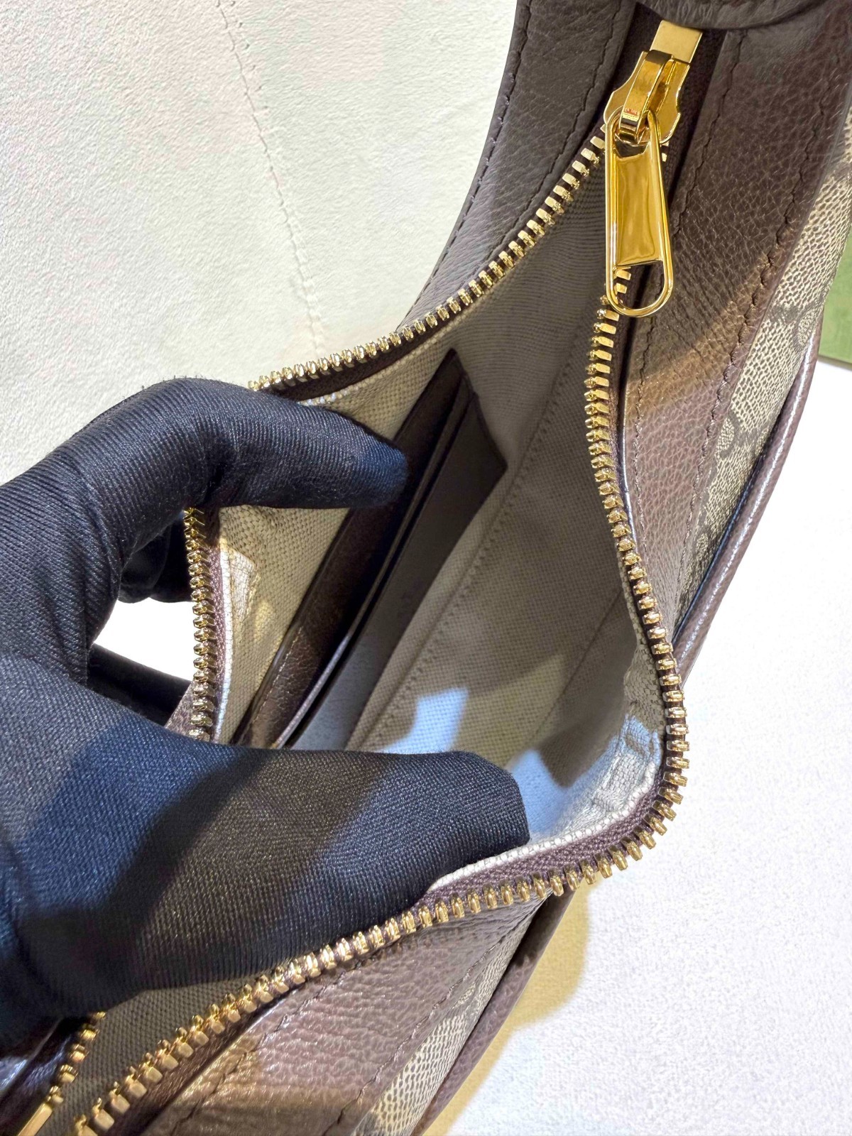 Gucci Ophidia Beige Monogram Moon Bag with Ebony Brown Trim