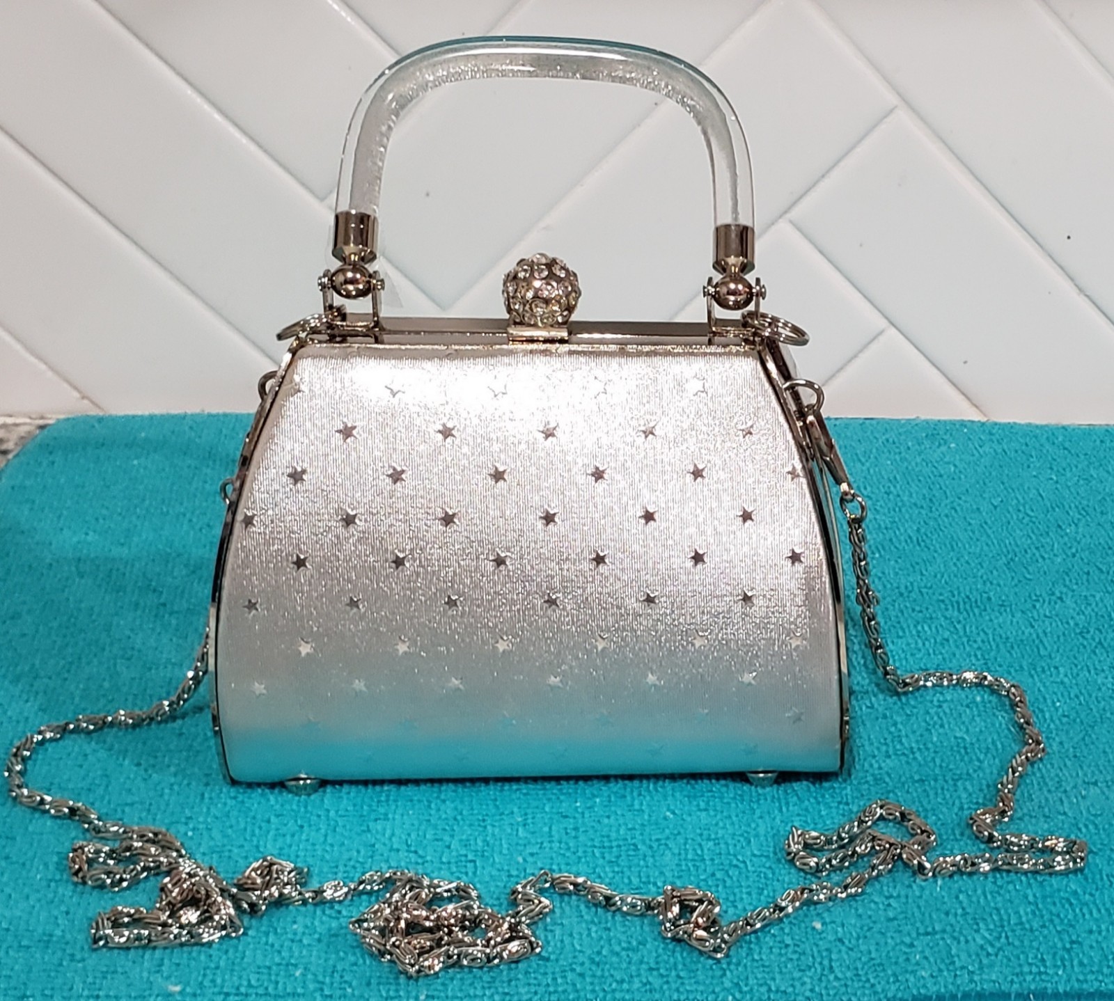 Cute Silver Toned Metallic Evening Clutch Bag with Star Patterns & Jeweled Clasp