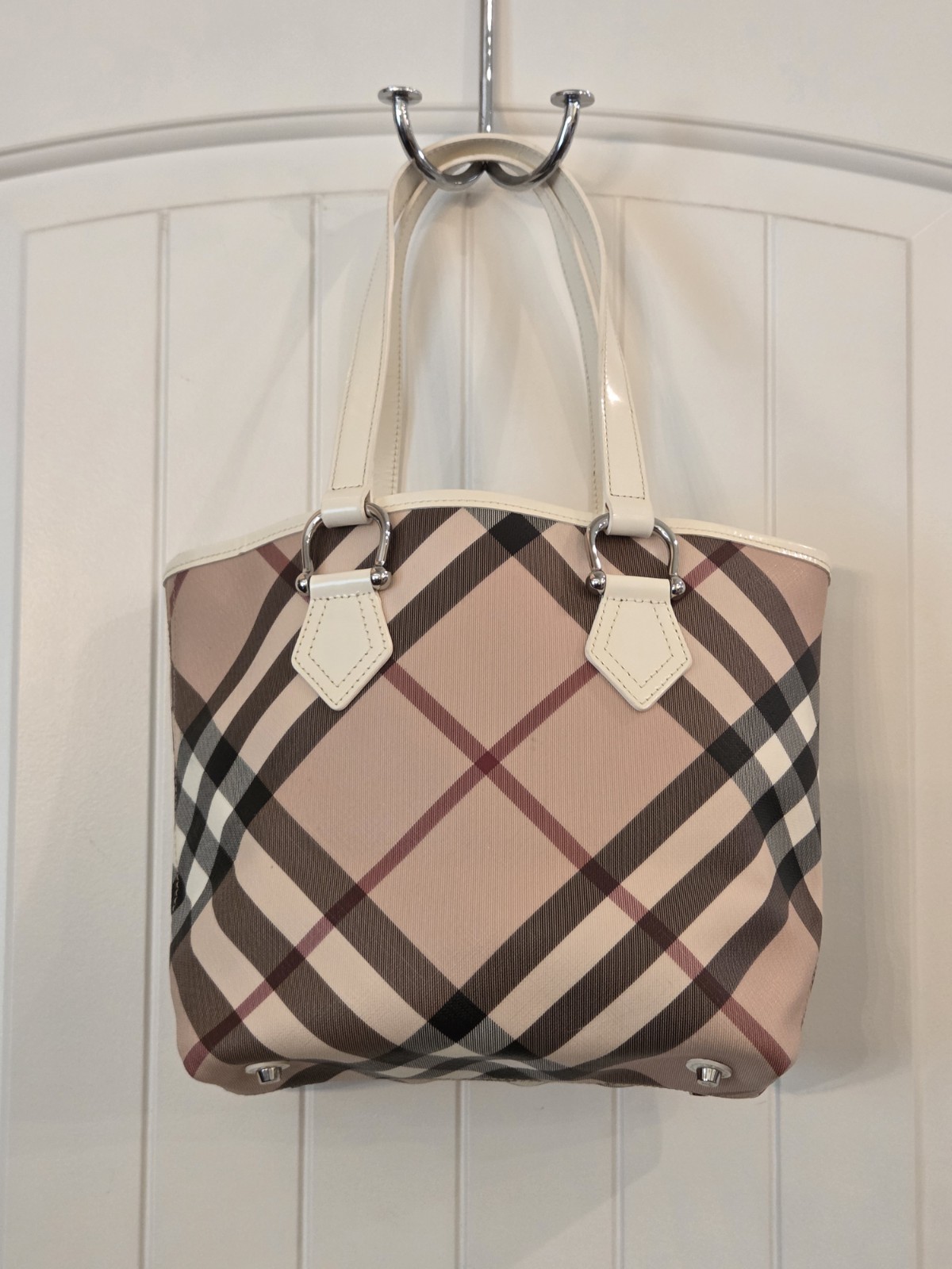 Burberry Supernova Check Open Top Tote Bag Coated Canvas Purse Leather Trim