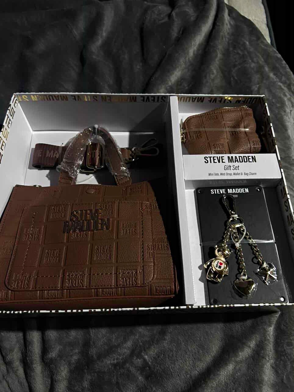 Steve Madden Brown Small Satchel Top Handle Zip, Adjustable Strap, Charm Box