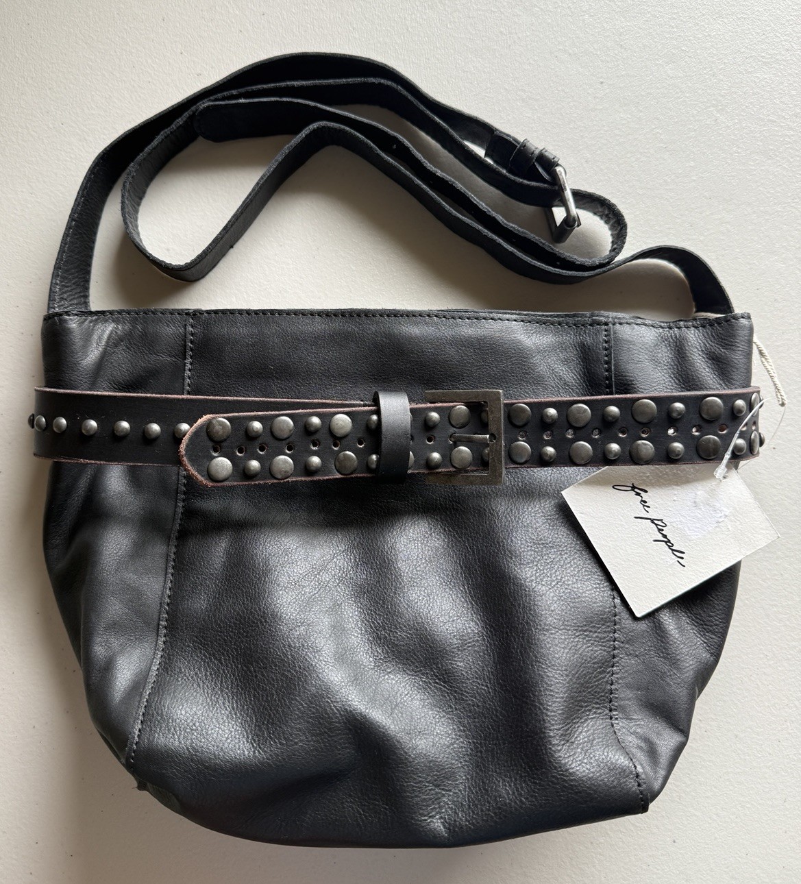 Free People Studded Leather Bucket Crossbody Bag Black Boho Whimsigoth Festival