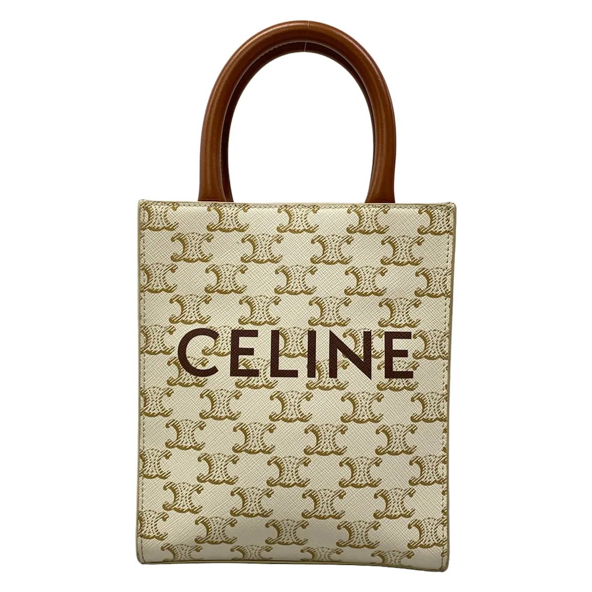 CELINE Mini Vertical Cabas Brown Cream Triomphe Canvas Calf Skin Tote Bag
