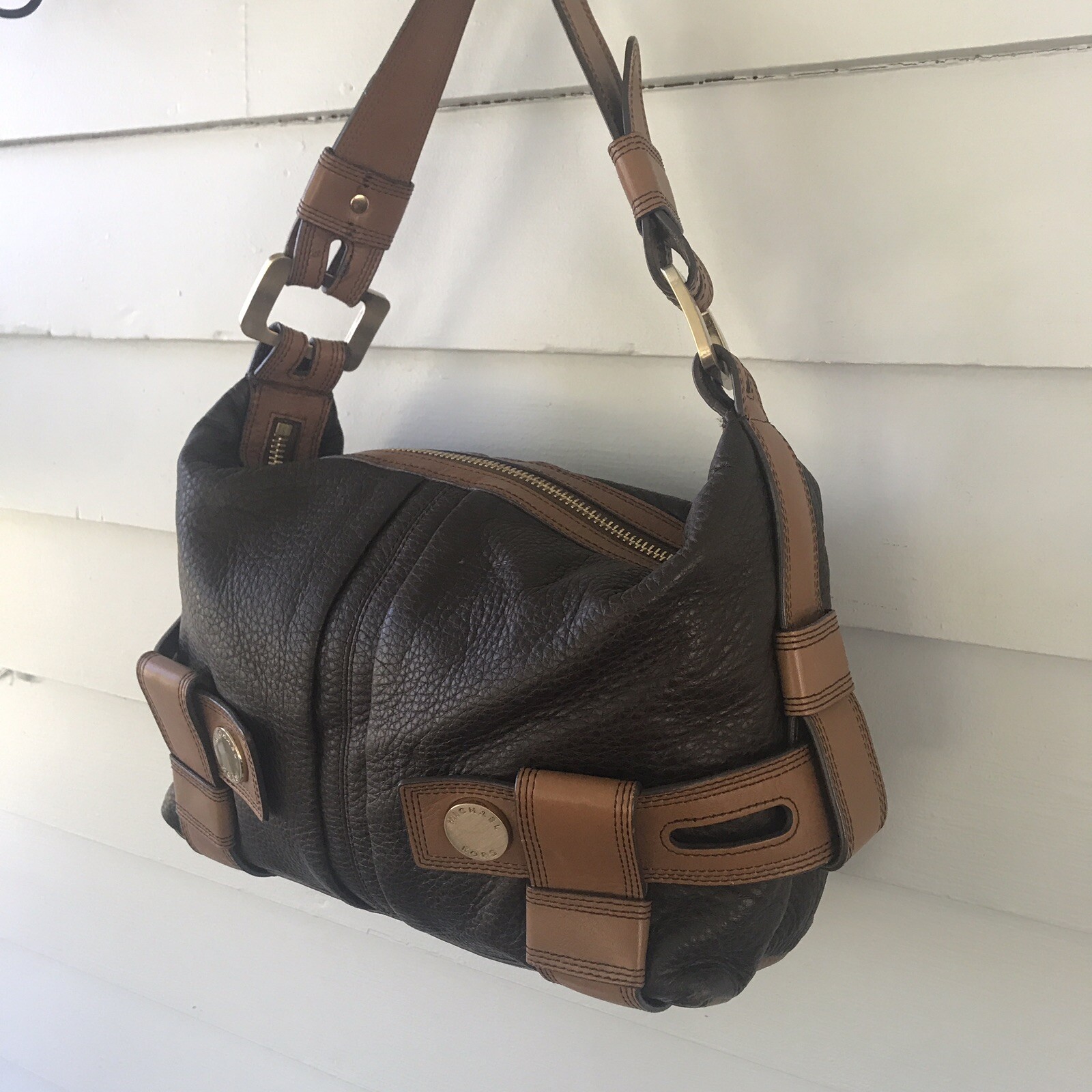 Vintage Michael Kors Harness Purse Shoulder Bag Pebbled Leather Black Brown Gold
