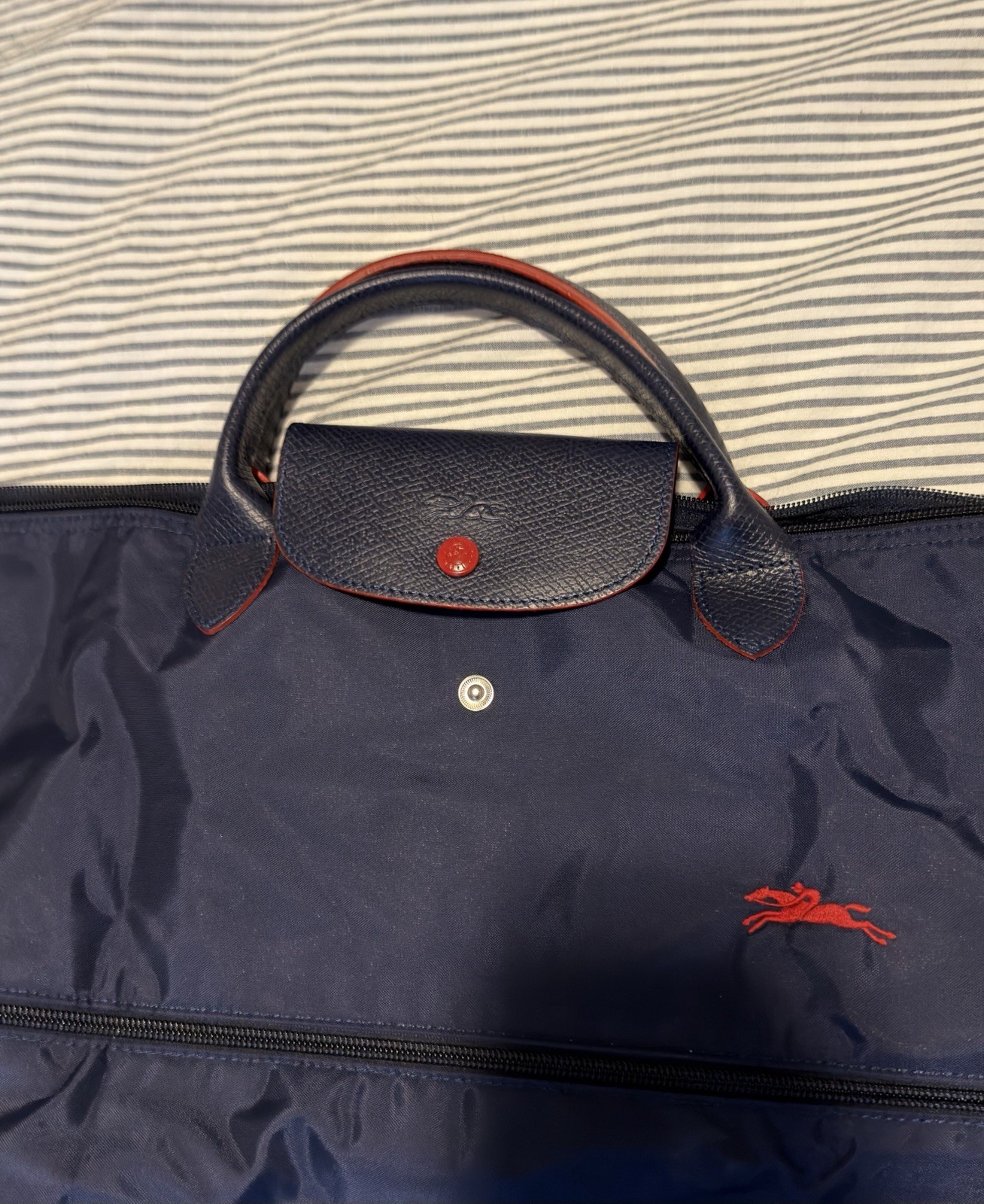 Longchamp le Pliage Travel Bag Expandable Navy/Red Nylon