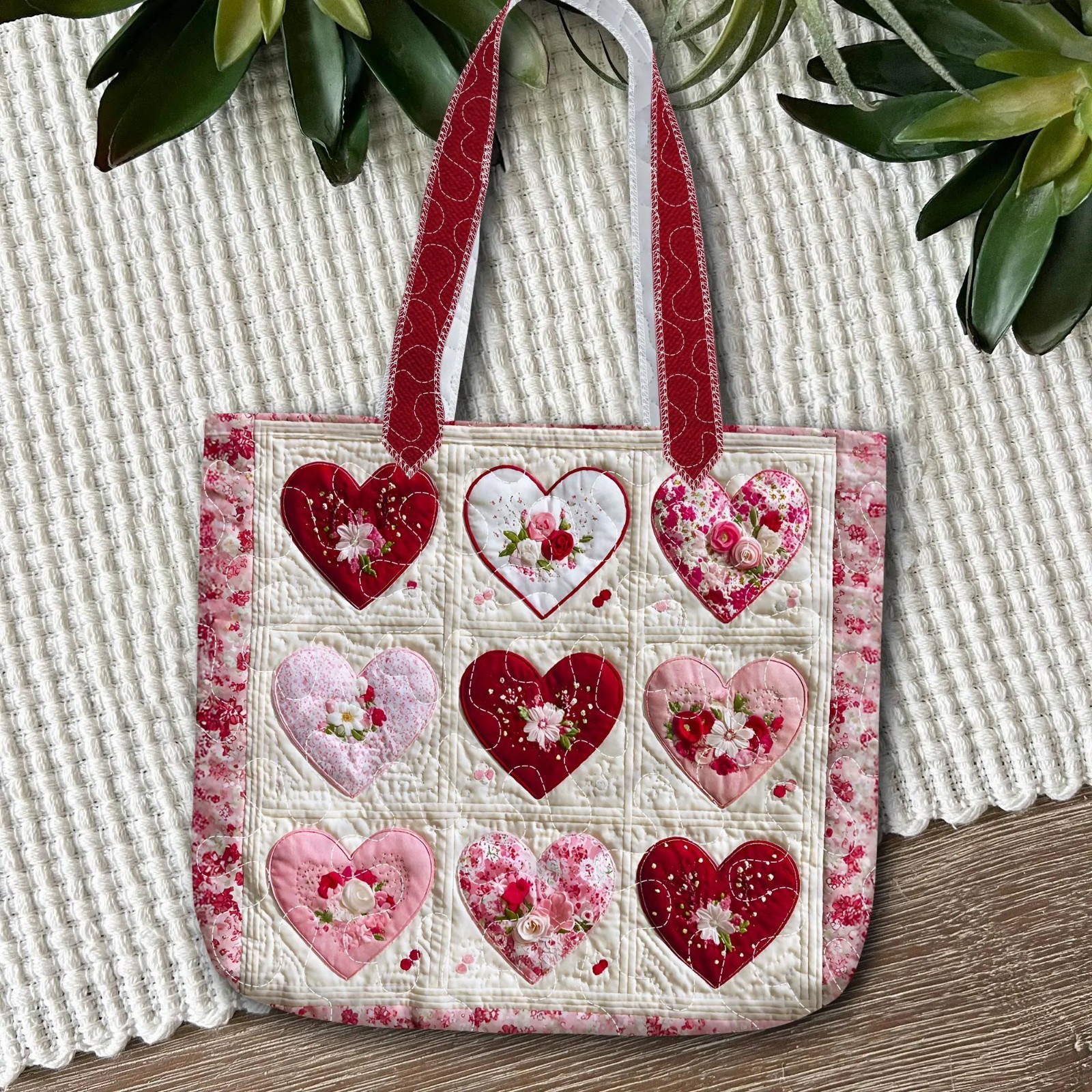 Valentine Heart Quilted Tote Bag Pink Red Floral Romantic Handmade Gift for Her