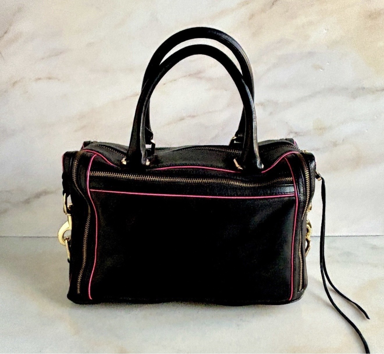 Rebecca Minkoff Medium Black/Pink Satchel Top Handle Zip Gold Hardware Dust Bag
