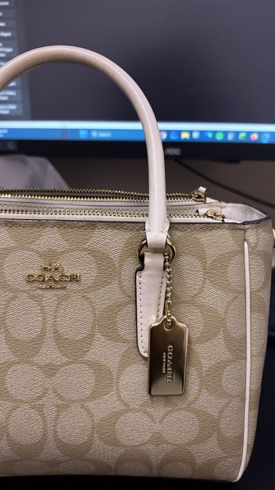 Coach Signature Logo Satchel Top Handle Zip Bag Beige/Ivory Gold Hardware