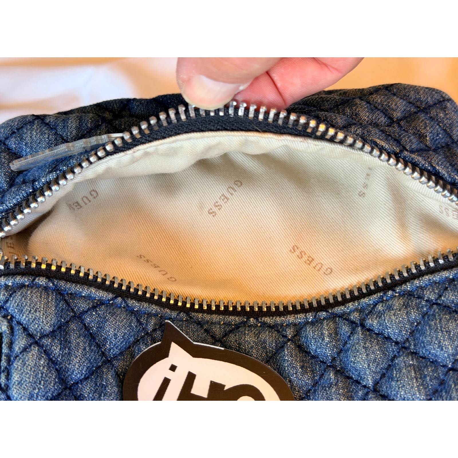 Guess Quilted Denim Mini Backpack Blue Patches Speech Bubbles Small Bag