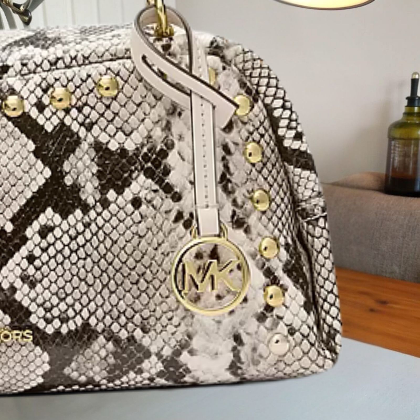 Michael Kors Lady Cecily Small Studded Snake Embossed Shoulder Bag Light Cream