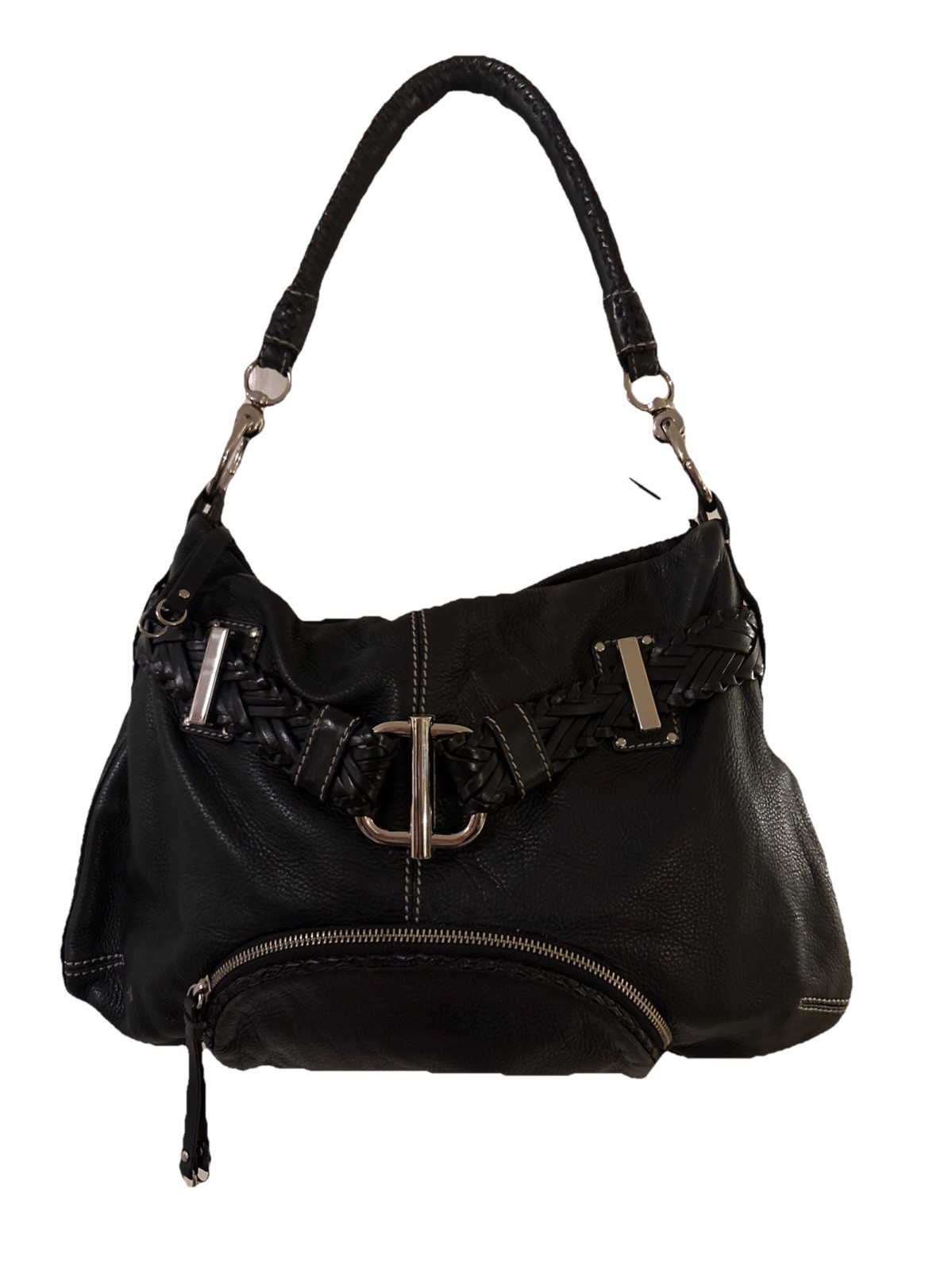 VIA SPIGA BLACK Leather Braided Quality Silver Decorative Shoulder Bag