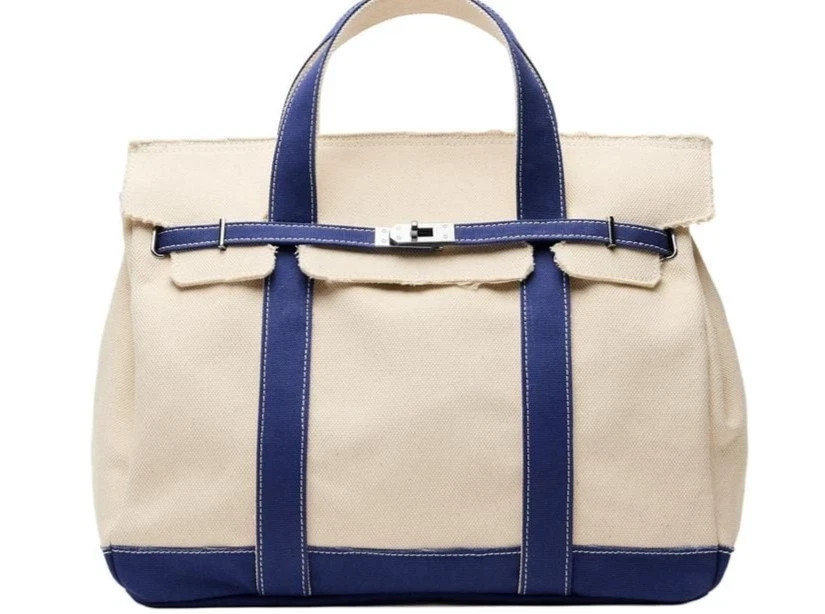 Sunwin Madaket Classic Tote Bag Canvas Natural with Blue Trims Silver
