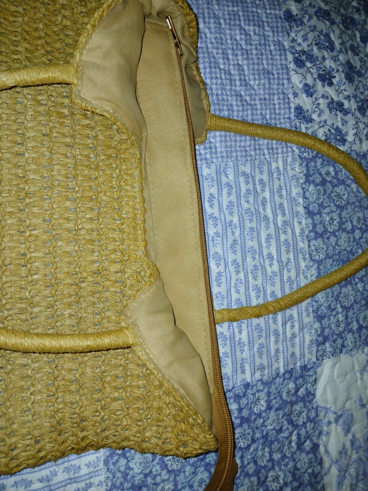 Ratan, Straw Woven Large Zippered Tote Bag, Natural Brown Lined Inside Pocket
