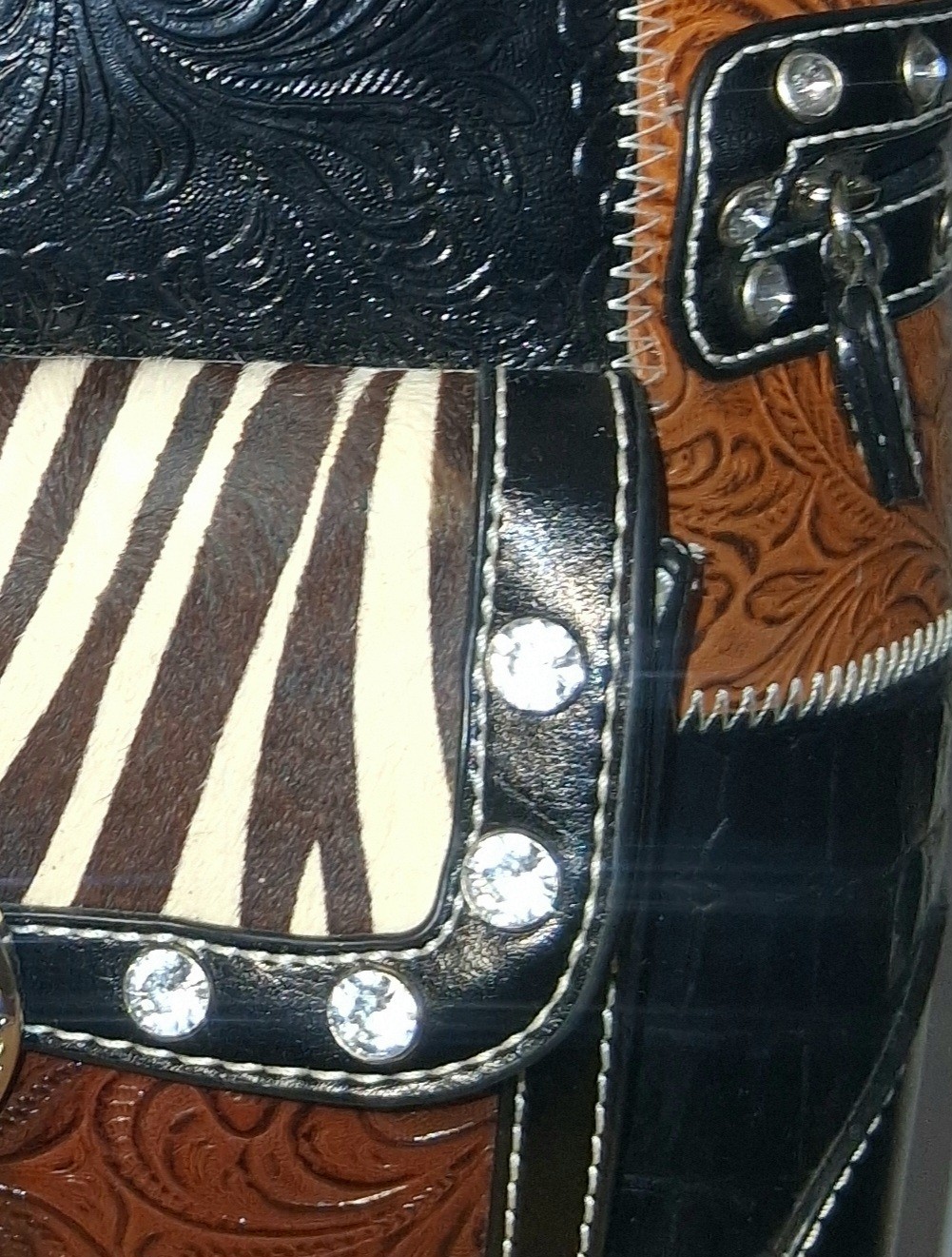 Y2K Western Patchwork Shoulder Bag Zebra Croc Textured Bling Buckle Purse Medium