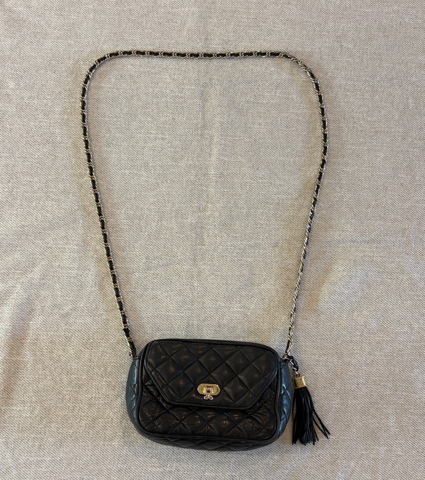 Vintage Jay Herbert New York Quilted Black Leather Crossbody Camera Bag Tassel