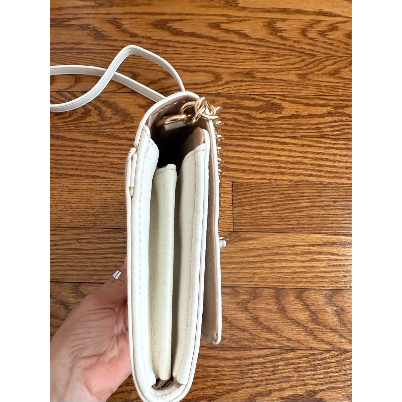 Anne Klein White Pebble Leather Crossbody Wallet Bag with Crystal Horsebit