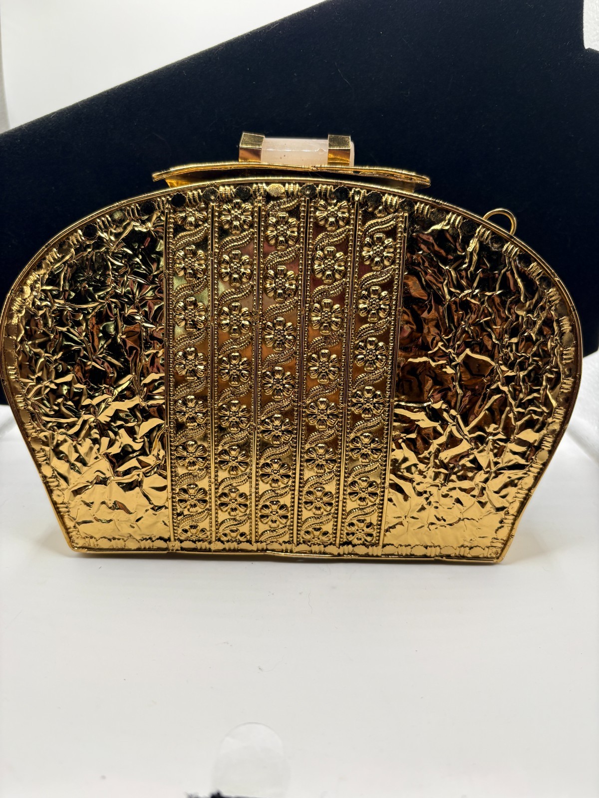Ramla BOHO Mother of Pearl Mosaic Clutch – Ornate Filigree Triangle Panel