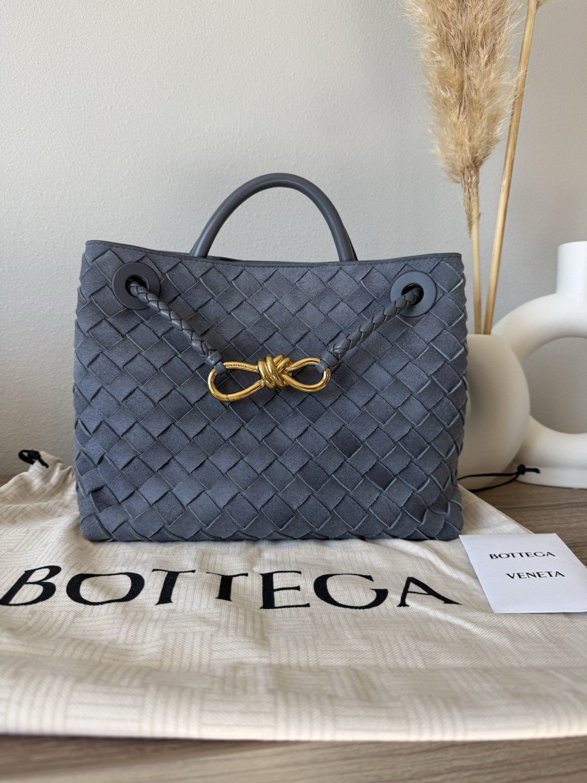 Bottega Veneta Small Andiamo Suede Top Handle in Gray