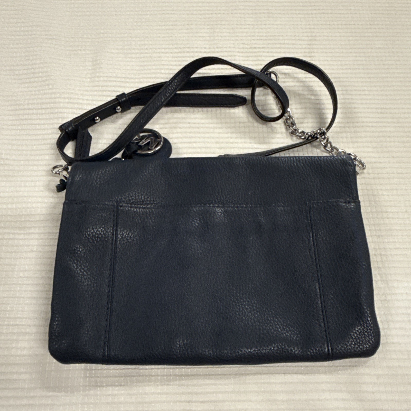 Michael Kors Corinne Navy Leather Medium Messenger Crossbody Bag Fold Flap Style