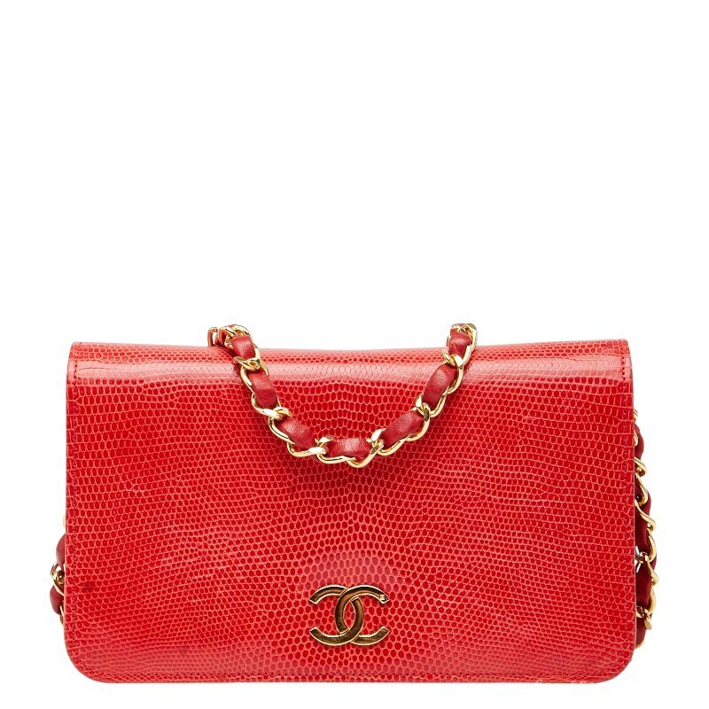 CHANEL Coco Mark Push Lock Chain Shoulder Bag Red Lizard Leather Ladies W19cm H1