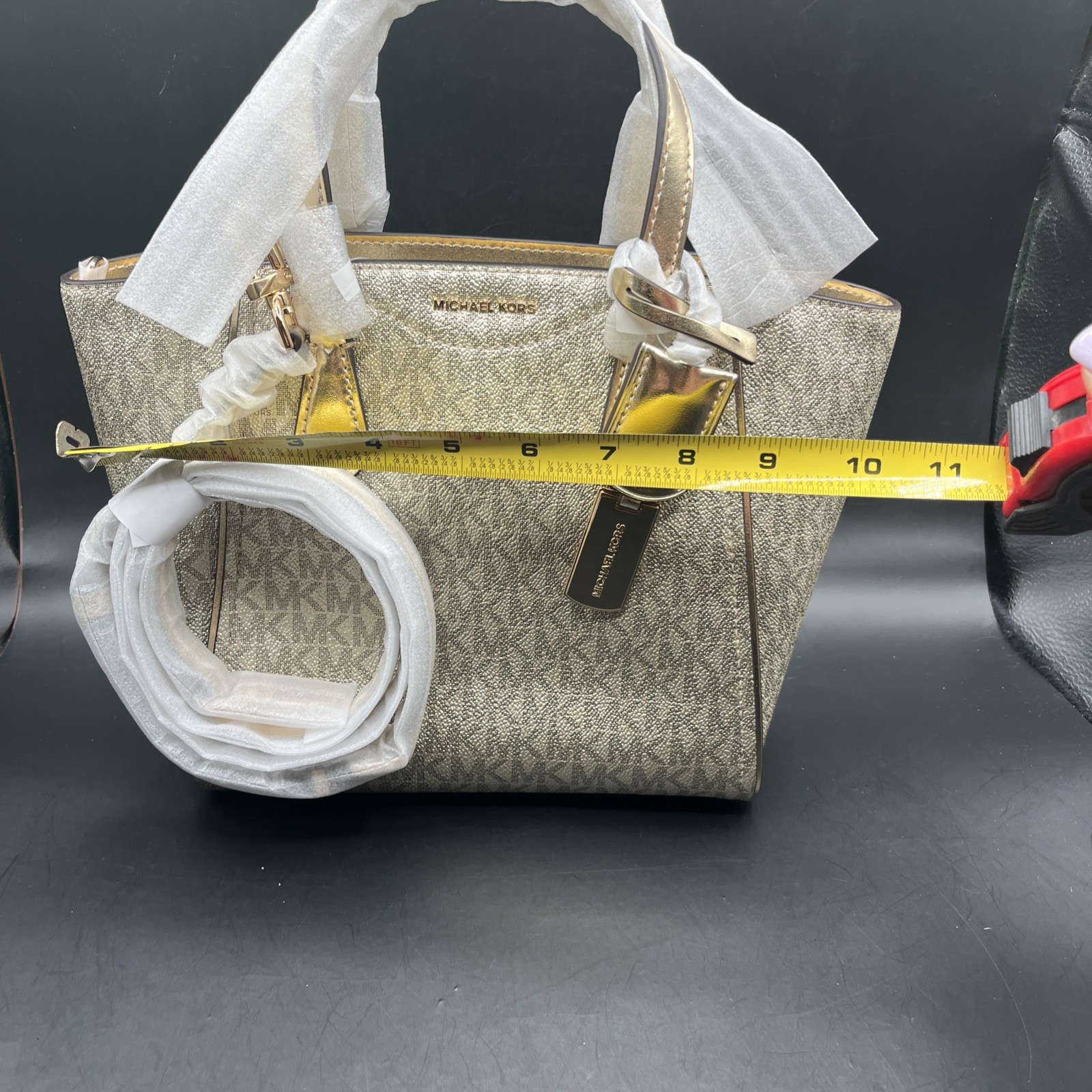 Michael Kors Taryn Small Canvas Convertible Beige Gold Crossbody Bag Purse NWT