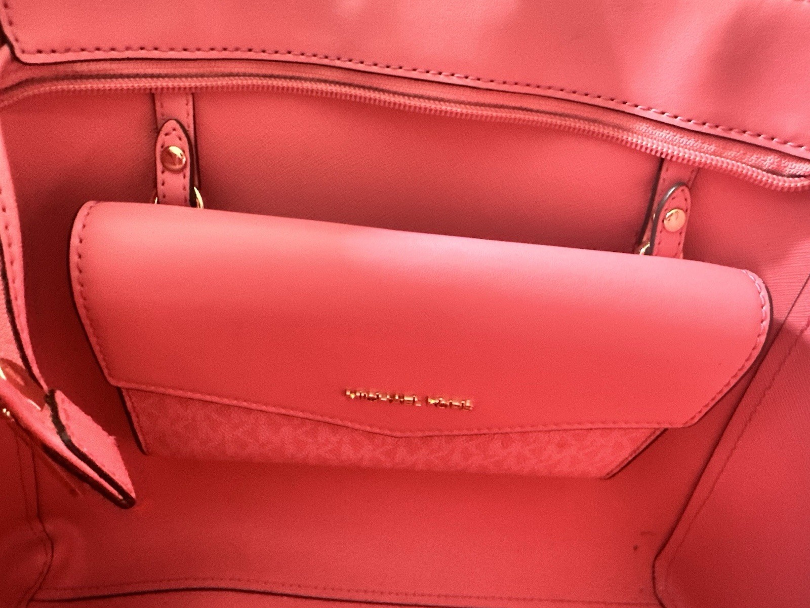 Michael Kors Pink Logo Tote Zip Top Gold Hardware w/ Charm Strap Pouch Wallet