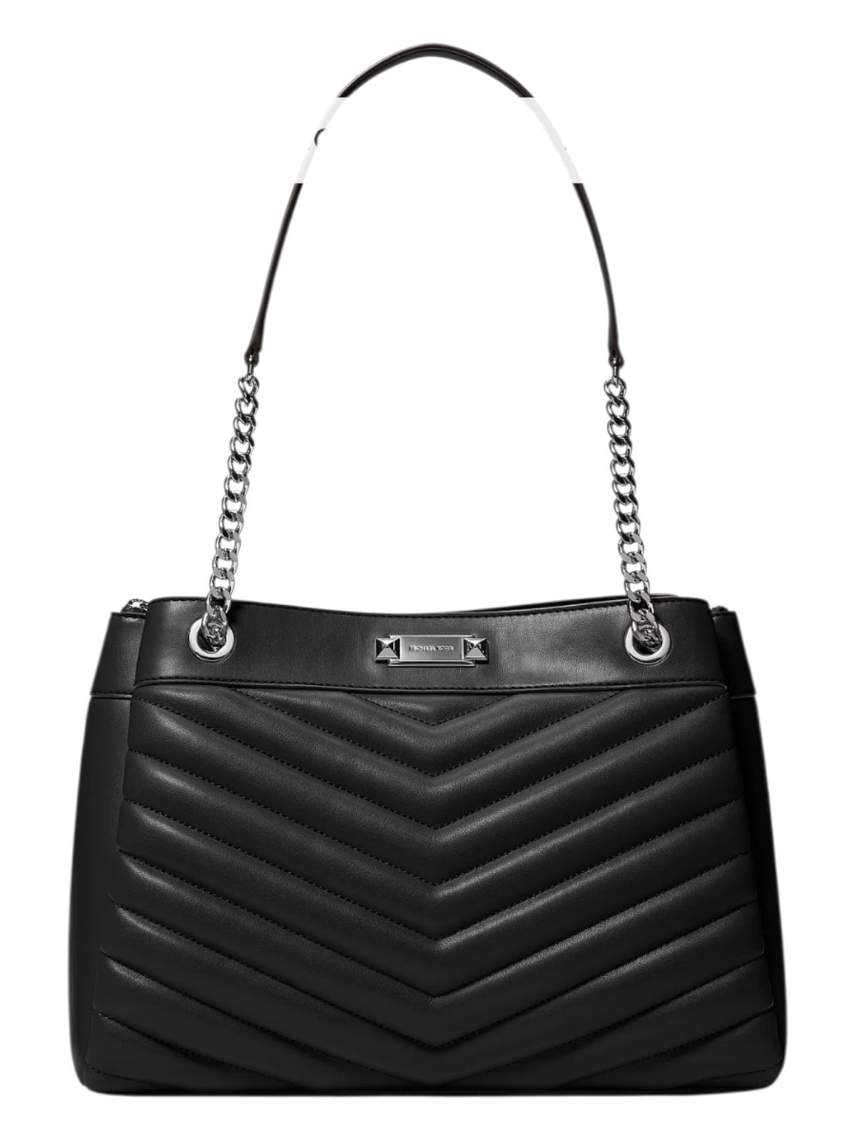 Michael Kors Large Black Quilted Tote Bag Silver Chain Strap Logo Zip