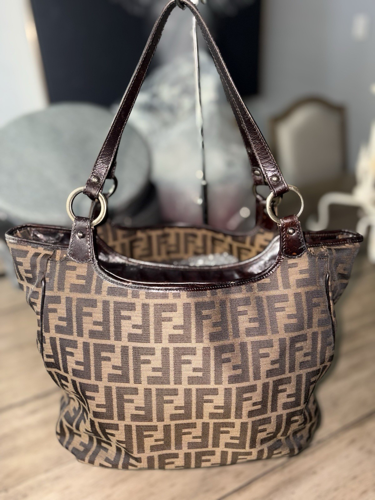 Fendi Zucca FF Monogram Brown Beige Zip Chef’s Tote w/ Charm, Pockets