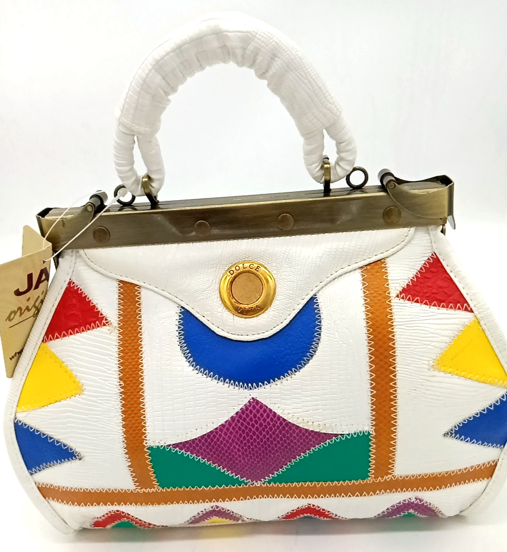 Vintage Dolce Vita Jackson Colorful Patchwork White Croc Print Frame Handbag NWT
