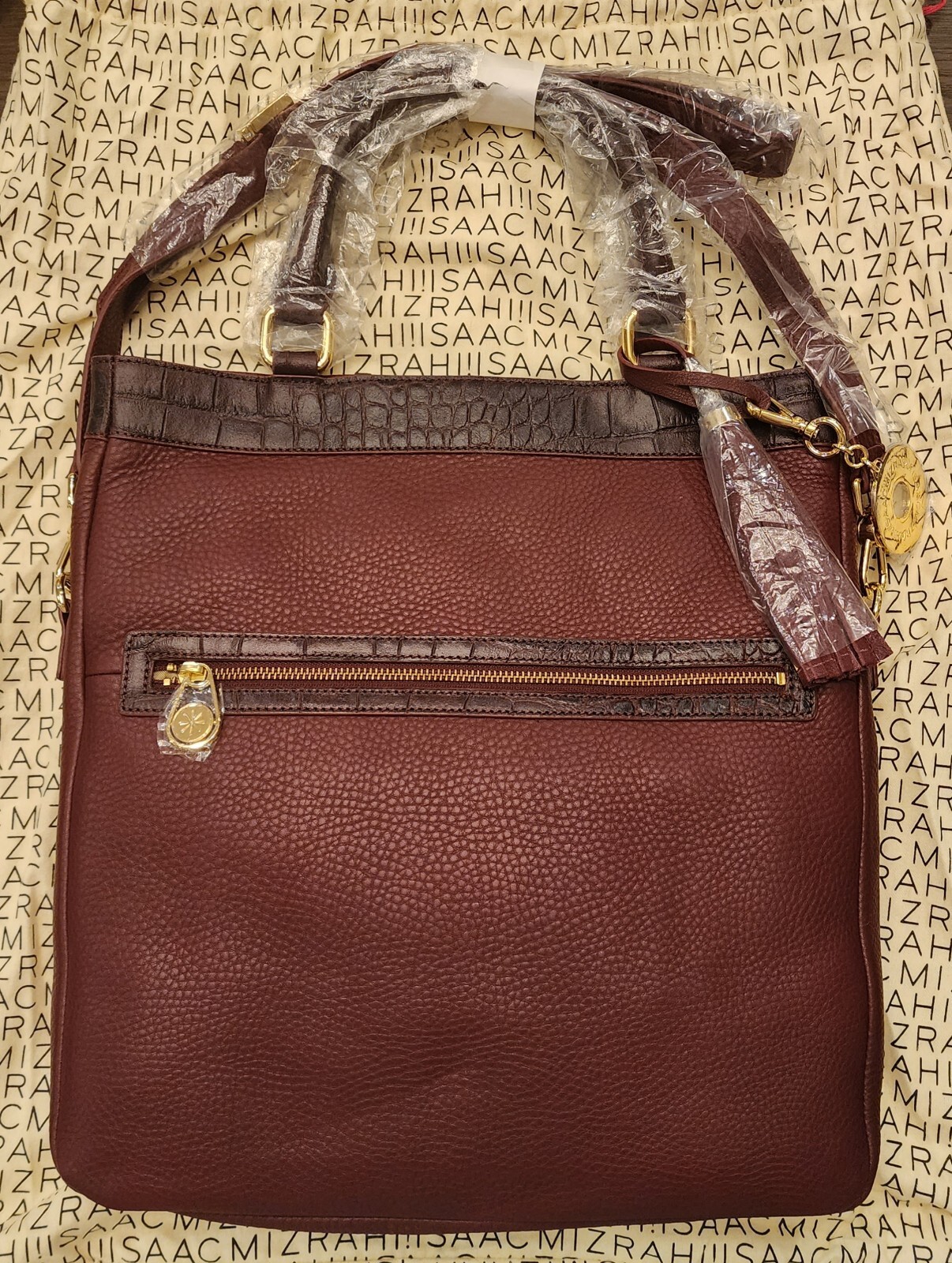 Isaac Mizrahi Live Oversized Burgundy Leather Gold Hardware Shoulder Tote New