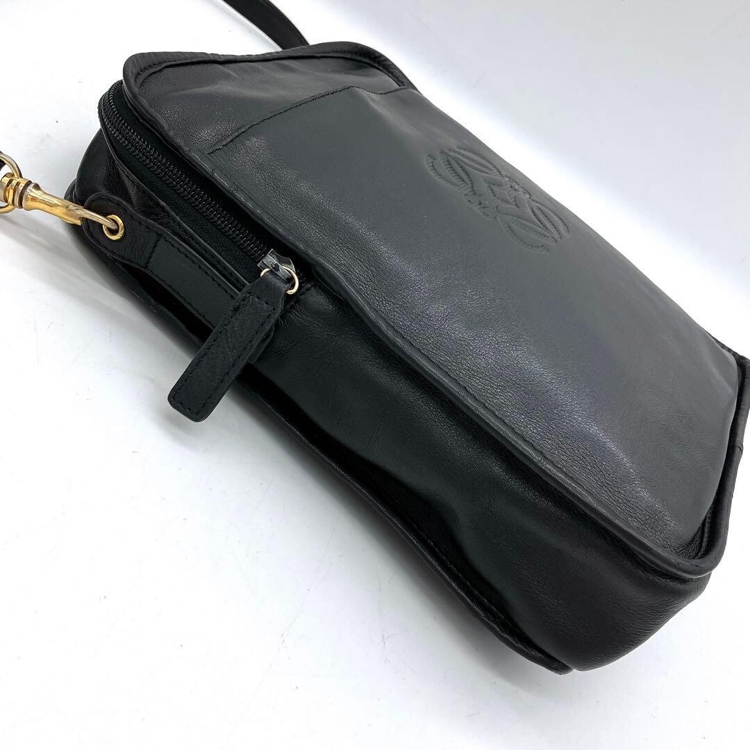 LOEWE Anagram Embossed Black Leather Shoulder Bag Gold Hardware Zip 27.5cm