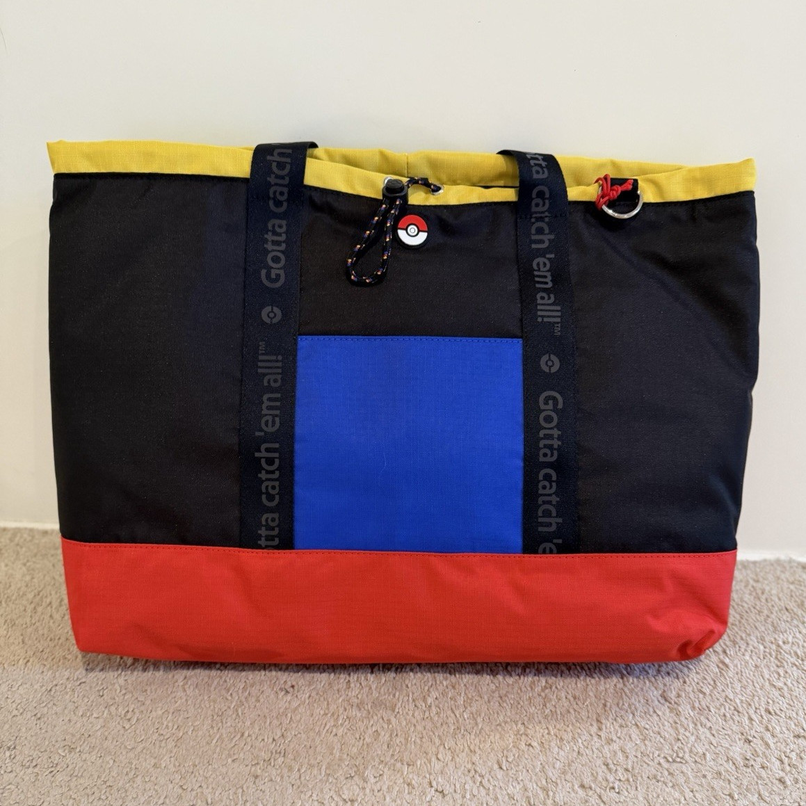 Pokémon Colorblock Tote Bag w/ Tie Closure, Poké Ball Charm, Black Handles
