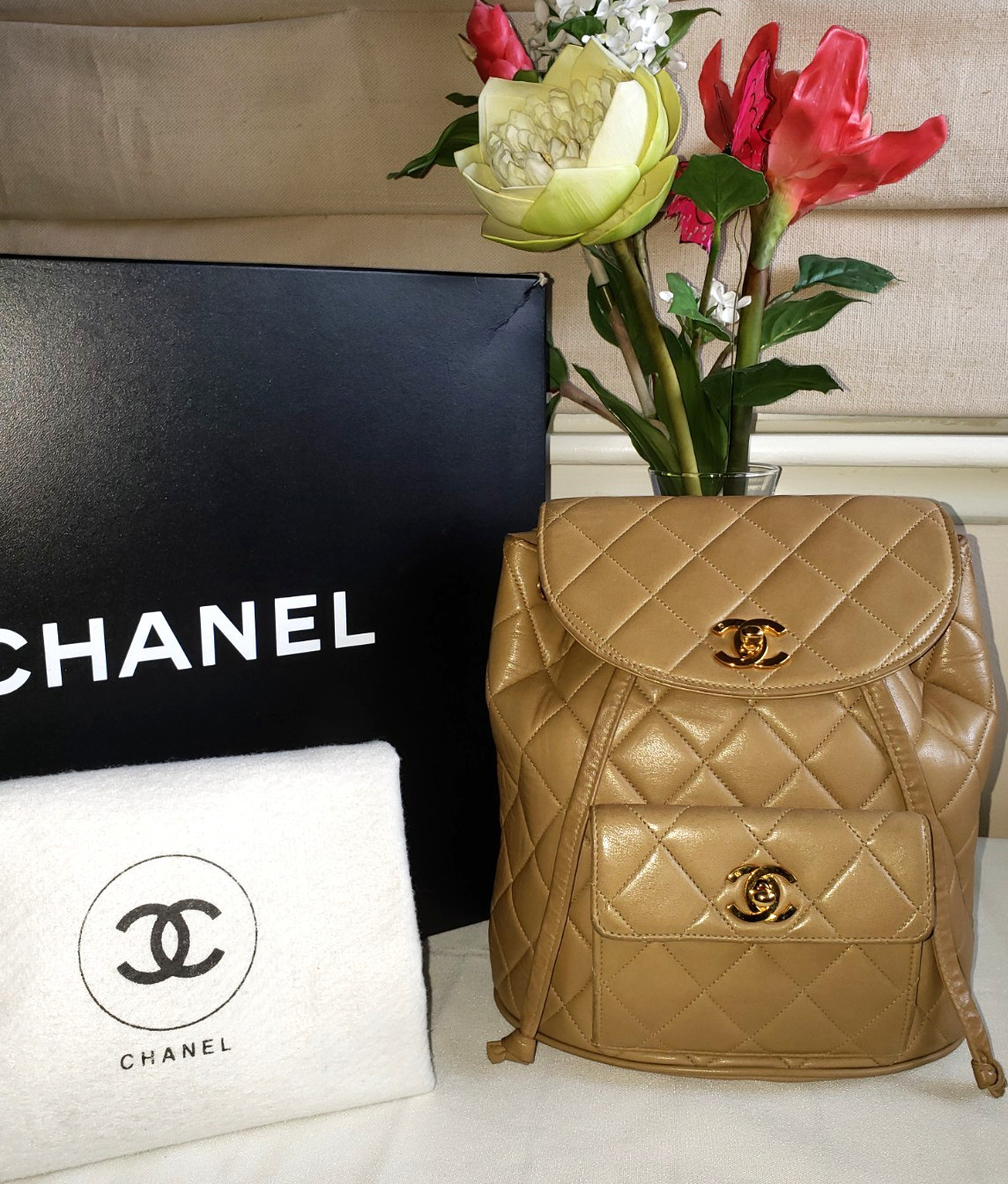 CHANEL Beige Quilted Backpack Duma Gold-Tone Hardware Chain Strap Front Pocket