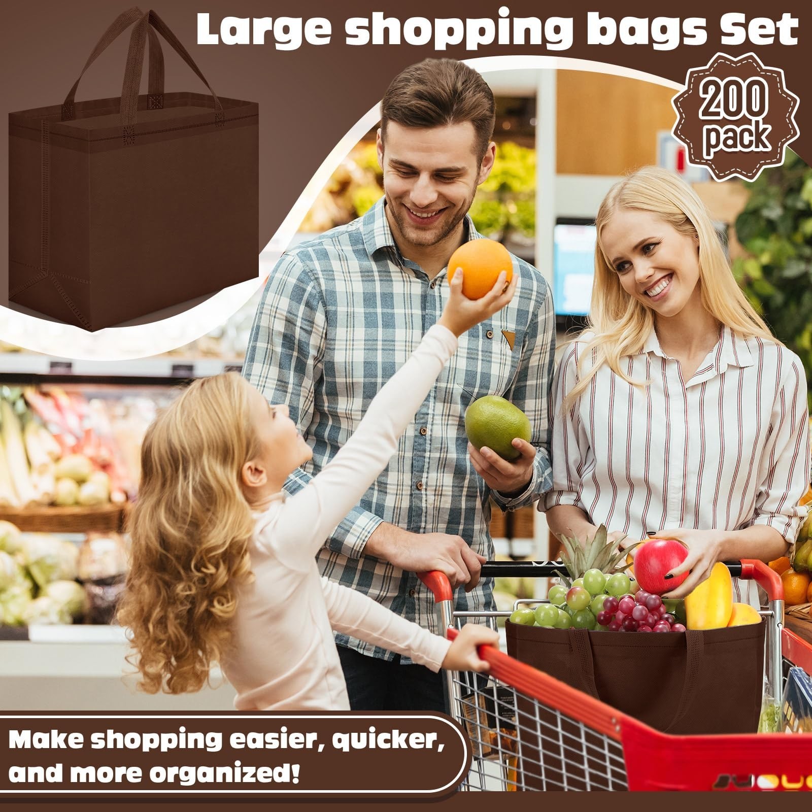 Windyun Reusable Grocery Bags Brown 200 Pcs 12.6 x 11.8 x 6.3 Inch