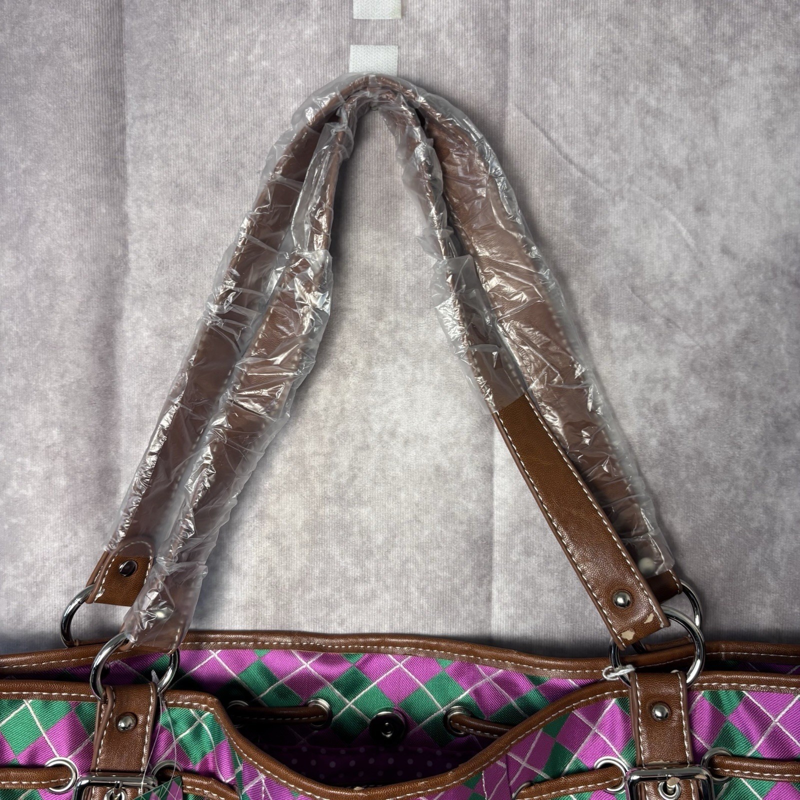 SYDNEY LOVE ARGYLE DRAWSTRING TOTE SHOULDER BAG PINK/GREEN ONE SIZE