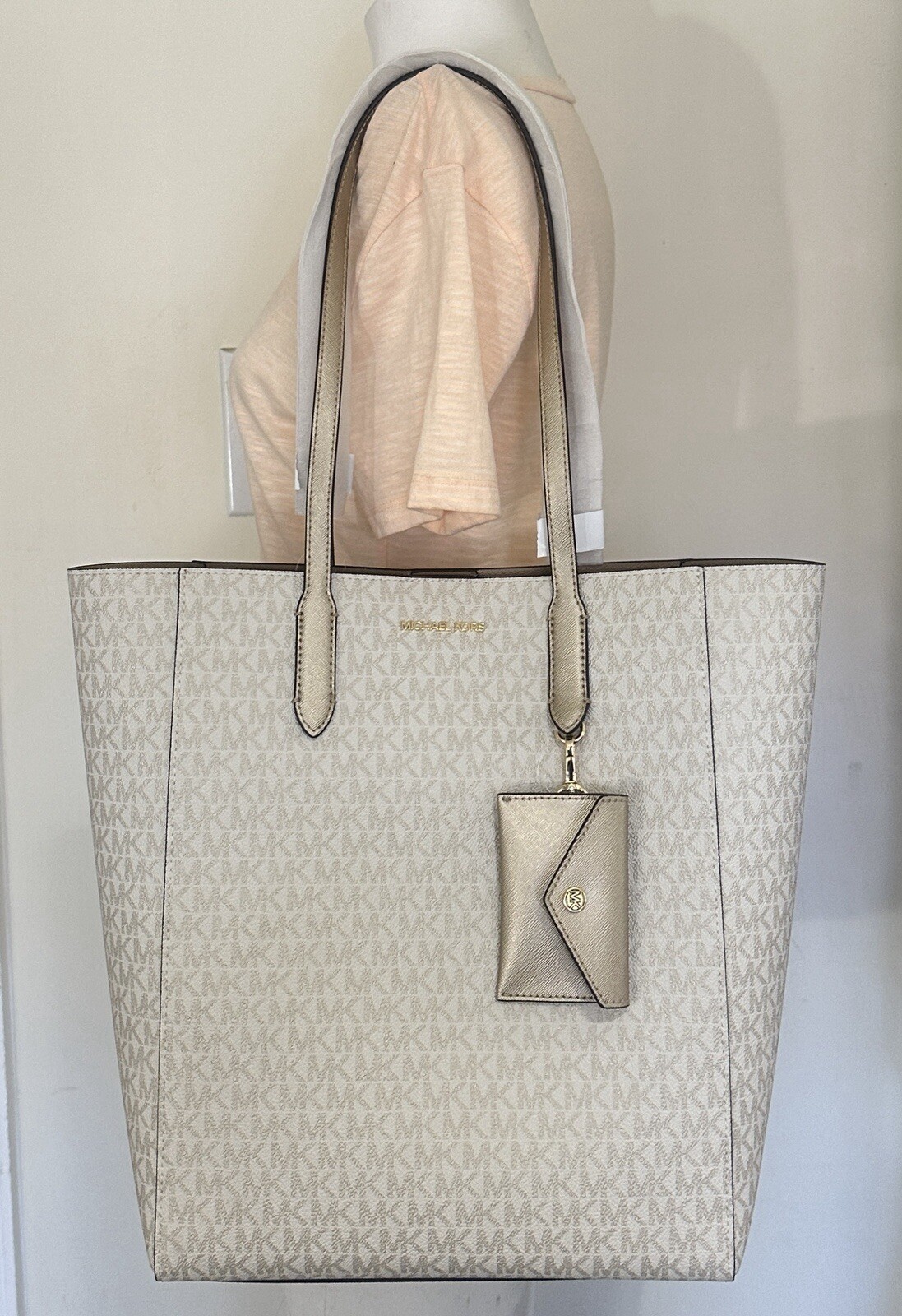 Michael Kors Vincent Large North South MK Logo Gold Tote Bag with Pouch