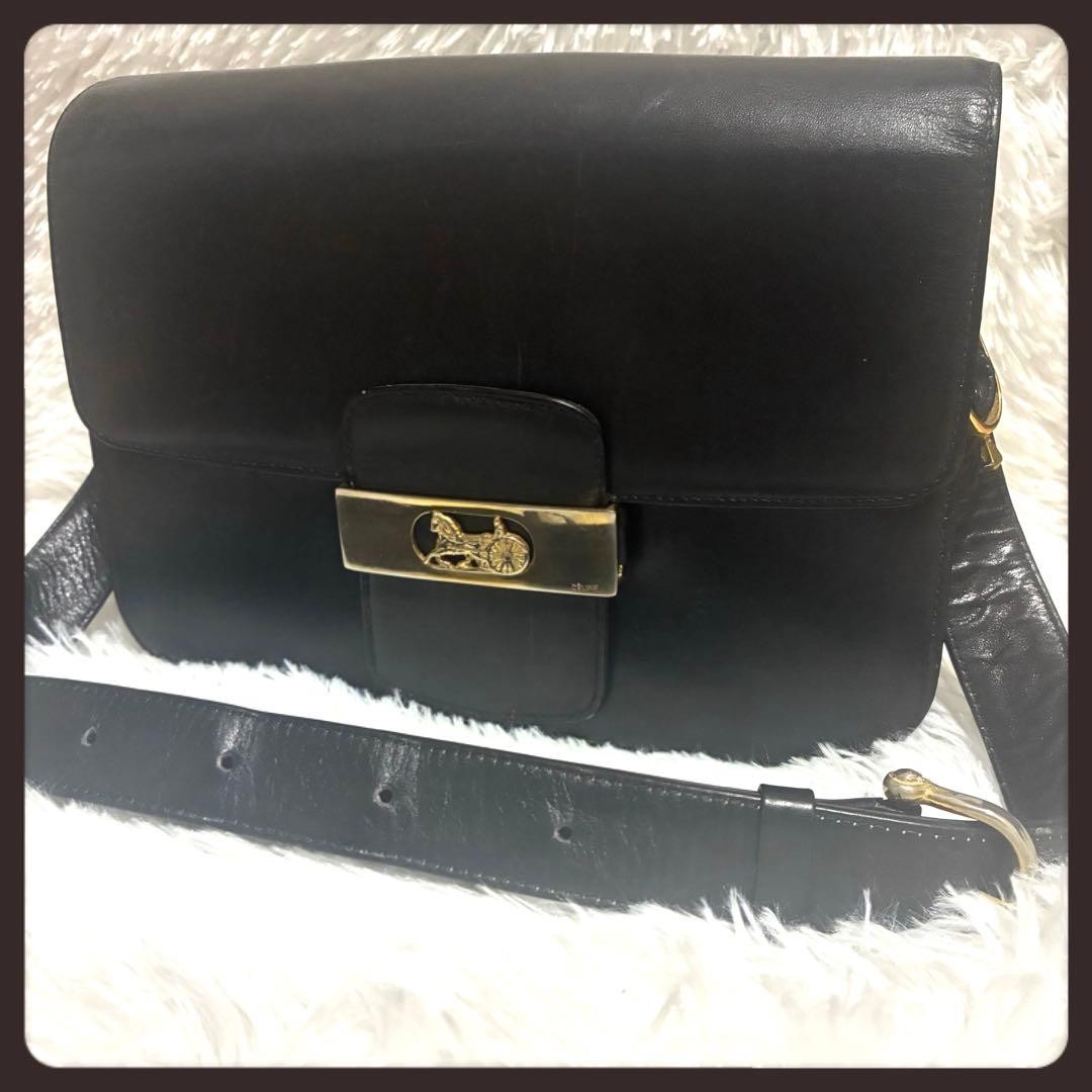 Celine Horse Carriage Shoulder Bag Black Leather Gold Hardware 8.7×7.5×2.2 inch