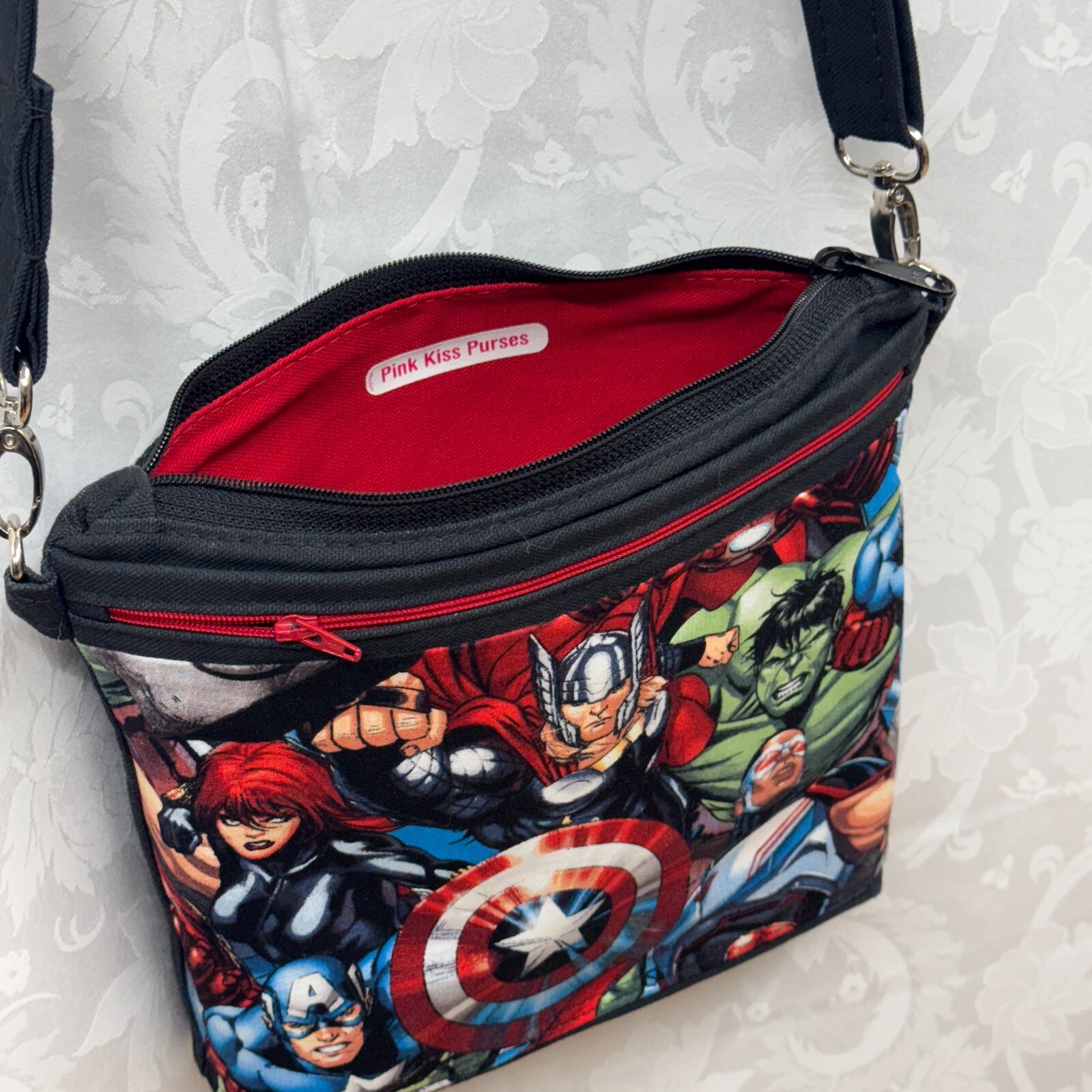 Avengers Crossbody Purse Bag Handmade Fabric Canavs Adjustable Strap, 3 pockets