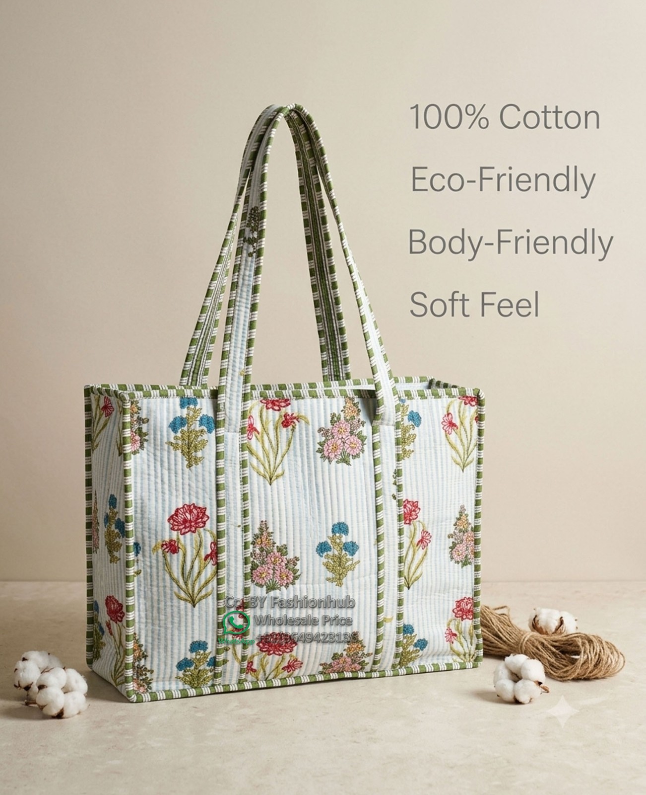 Handmade EcoFriendly Quilted Cotton Market Bag Beach Tote Bag hand block bag Art