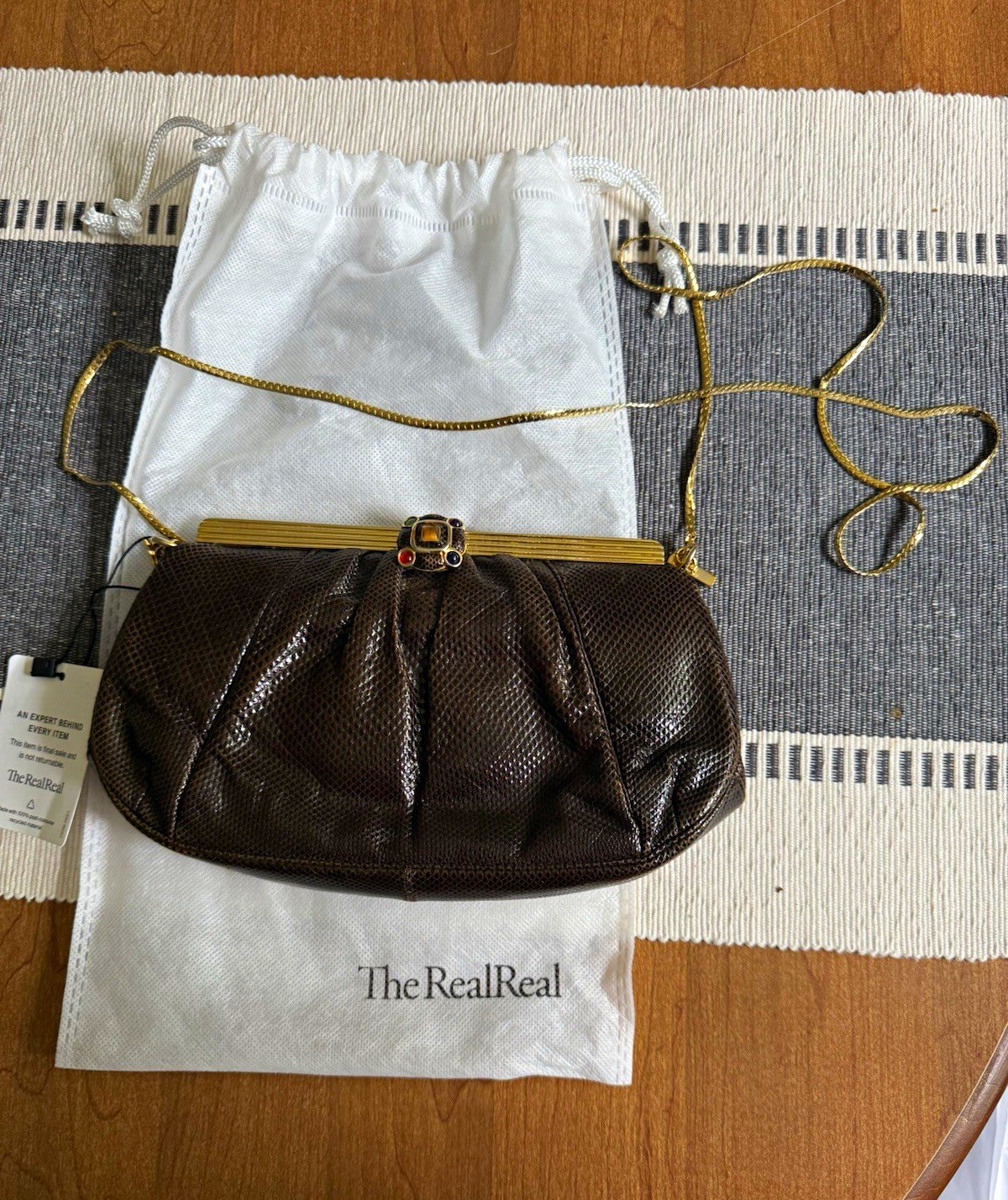 Brown Clutch Handbag Gold Chain Shoulder Strap Gem Clasp Dust Bag Mirror Comb