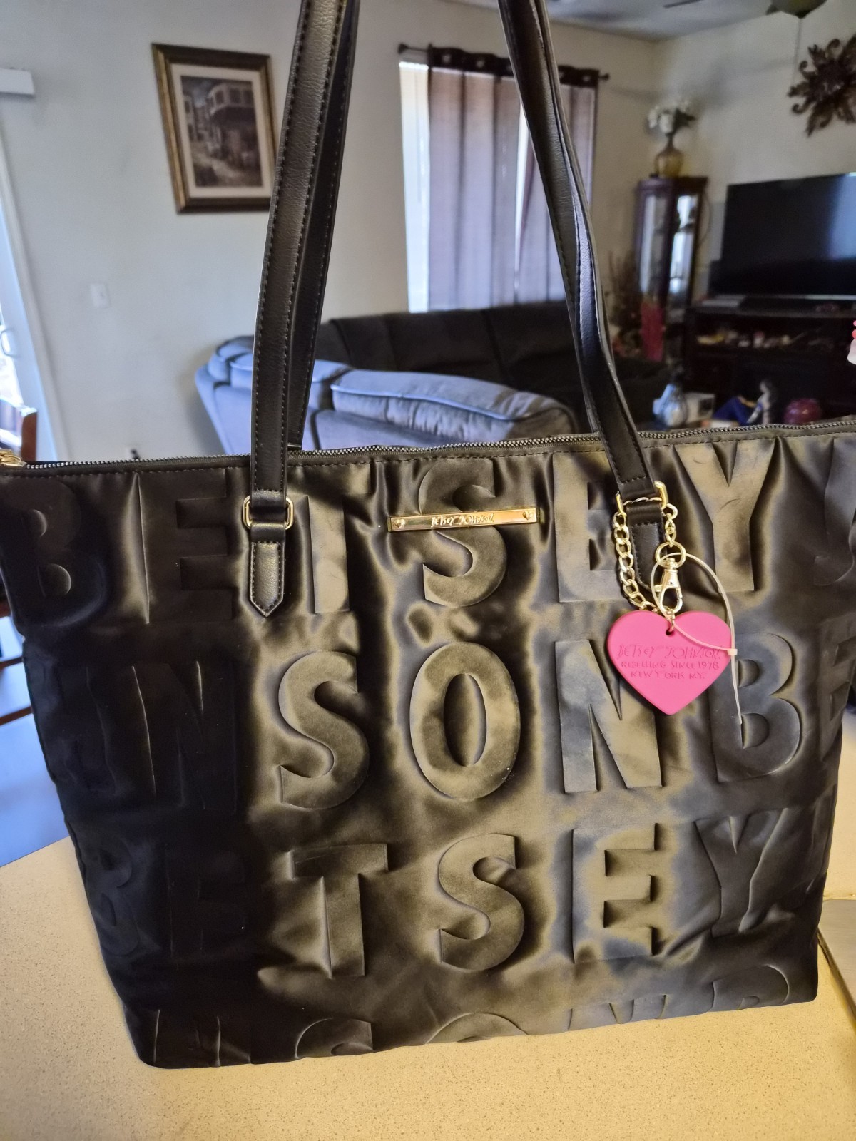 Betsy Johnson Quilted Black Logo Tote Bag Yoga Gym Bag Large Zip Top NWT