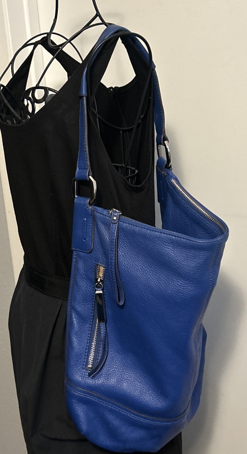 B. Makowsky Cobalt Blue Pebbled Leather Hobo Shoulder Bag Silver Zipper Accents