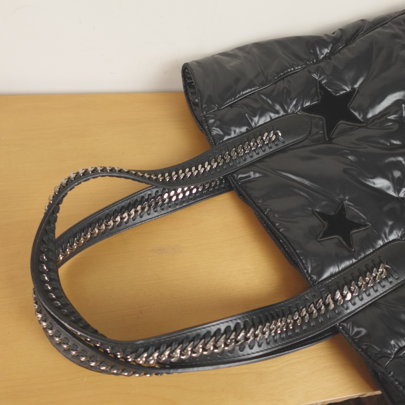 Stella McCartney Falabella Go Tote Bag Black Nylon Velvet All Over Stars Puffy