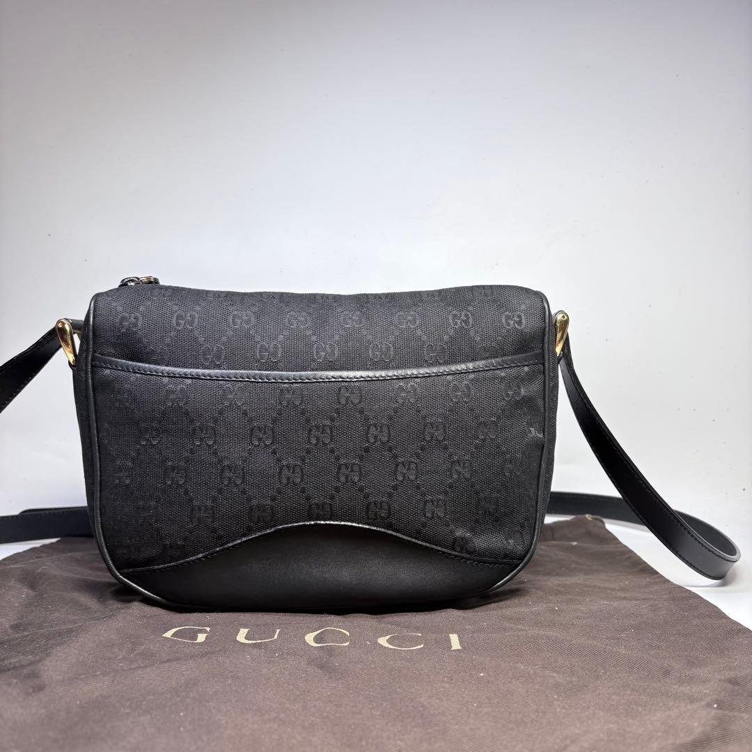GUCCI GG Supreme Black Leather Canvas Shoulder Bag 23x17cm Strap 120cm Authentic
