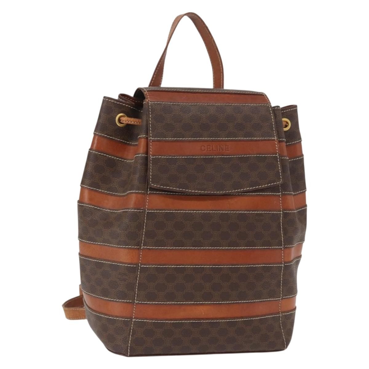 CELINE Macadam Canvas Backpack PVC Leather Brown Gold Auth bs32182